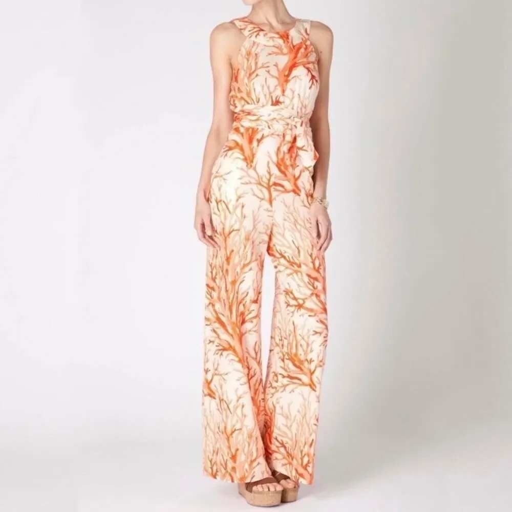 Elevenses Anthropologie Coral Sea Branch Silk Cotton Wide Leg Jumpsuit Size 12